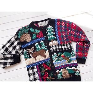 vtg Northern Isles‎ deer duck nature hand knit cardigan sweater
